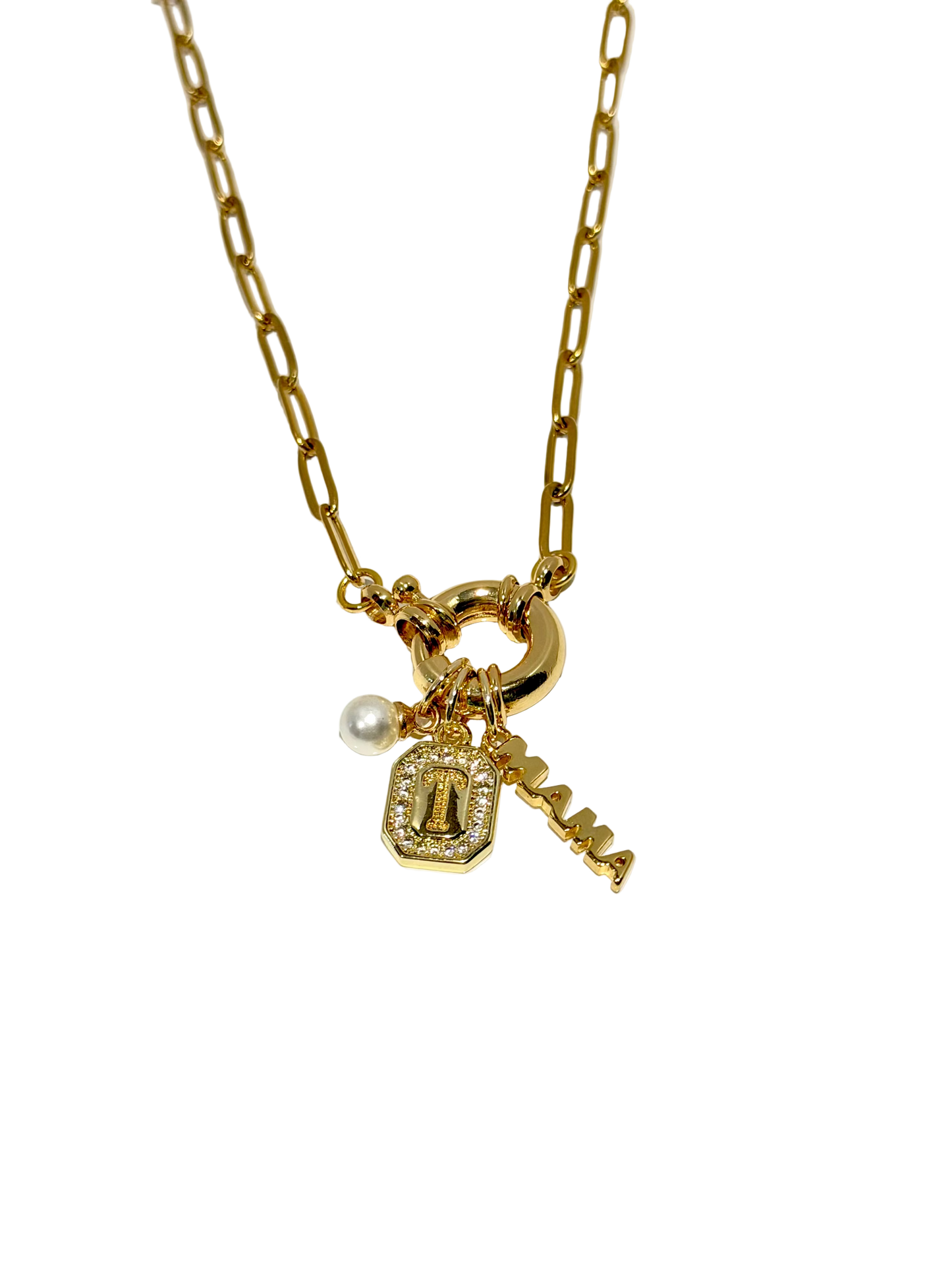 Gold necklace with charms on a white background
